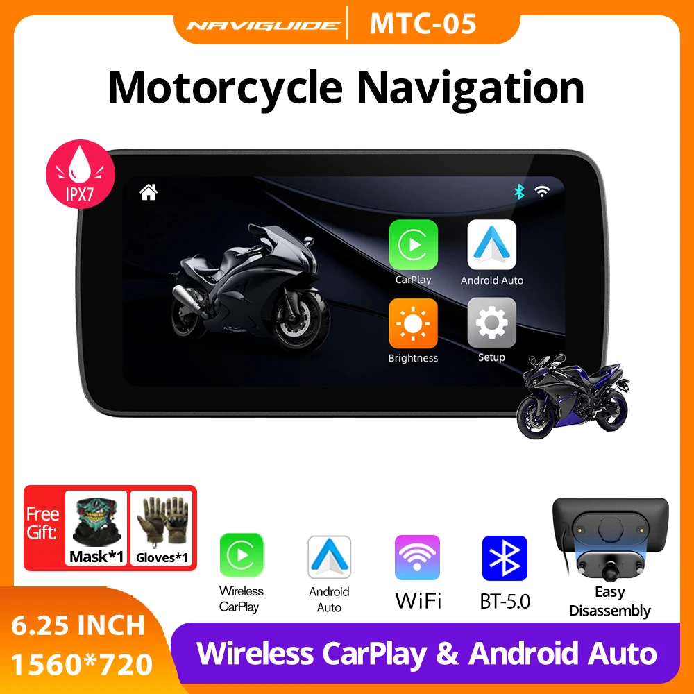

NAVIGUIDE 6.25 Inch 1560*720 Motorcycle WiFi Navigation Accessories Waterproof Carplay Display Screen Portable Android Auto BT