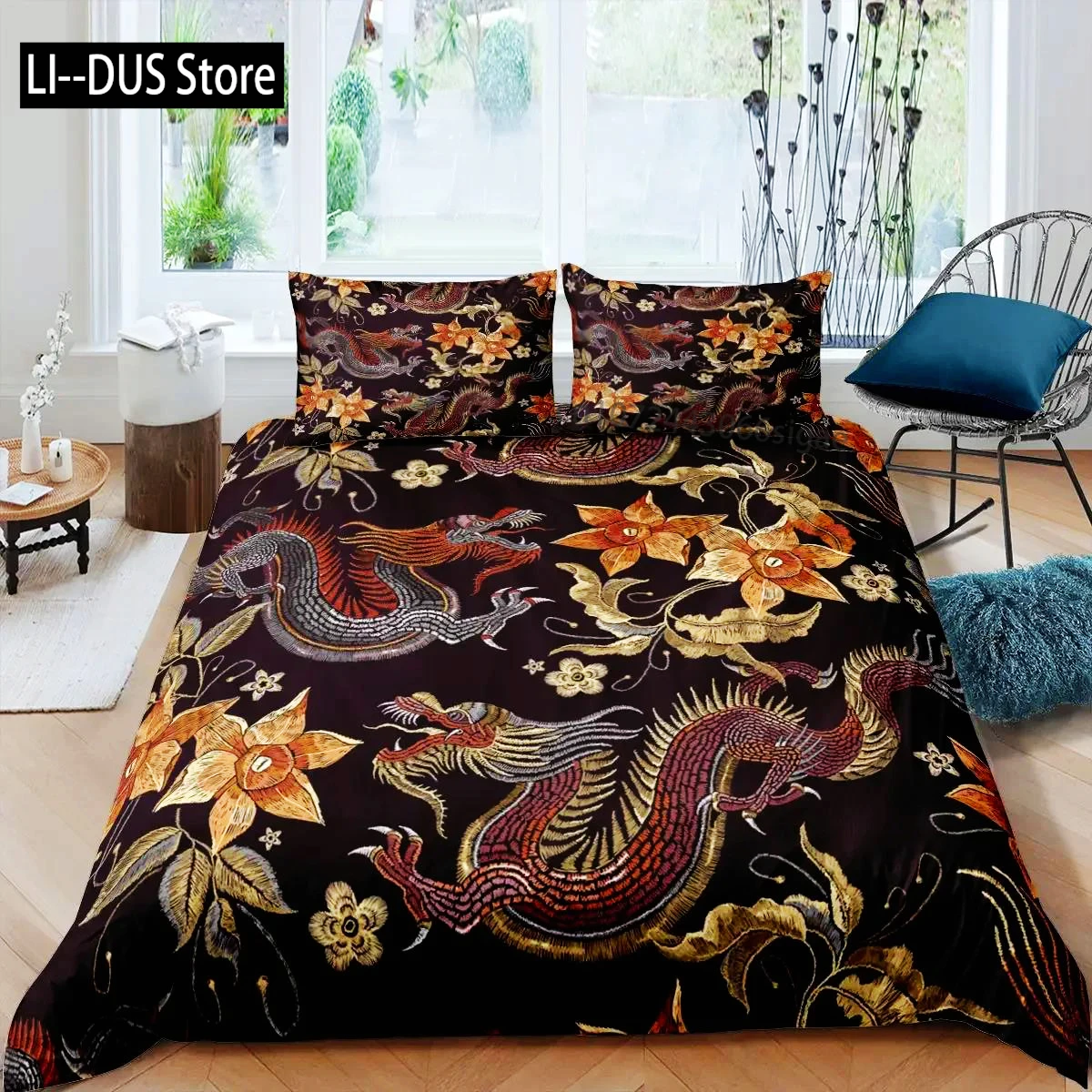 

Fire Dragon Duvet Cover Set Magical Dinosaur Bedding Set Jungle Animals Pattern Wildlife Style King Size Polyester Quilt Cover