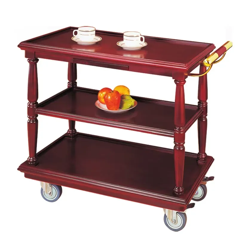 Wooden 3 Layer Service Trolley For Hotel Restaurant Room Service Wine Catering Cart Mobile Food Beverage Tray Stand