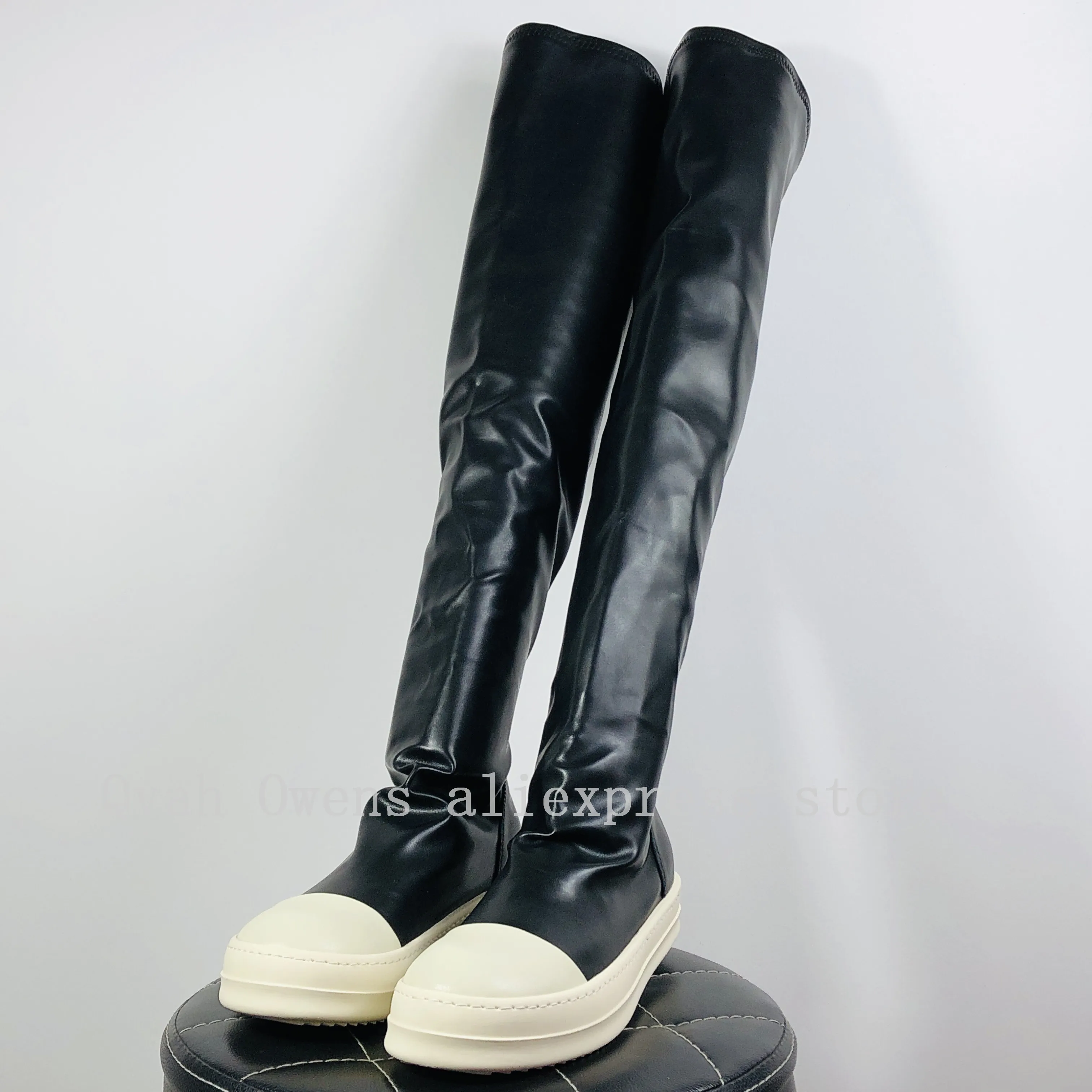 Botas por encima de la rodilla para mujer, zapatillas informales de lujo de cuero PU, zapatos planos altos para primavera y otoño, color negro