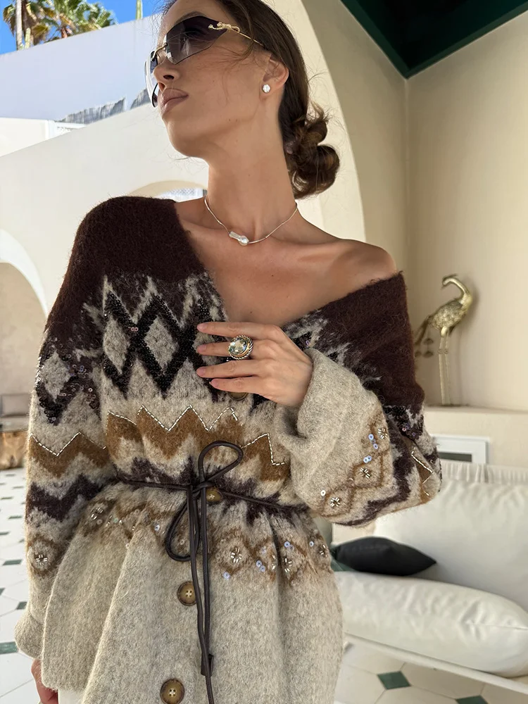 HH ربيع الخريف المرأة تنورة 2 قطعة الخامس الرقبة مع حزام مطبوعة واحدة الصدر طويلة الأكمام محبوك معطف مرونة الخصر ميدي تنورة