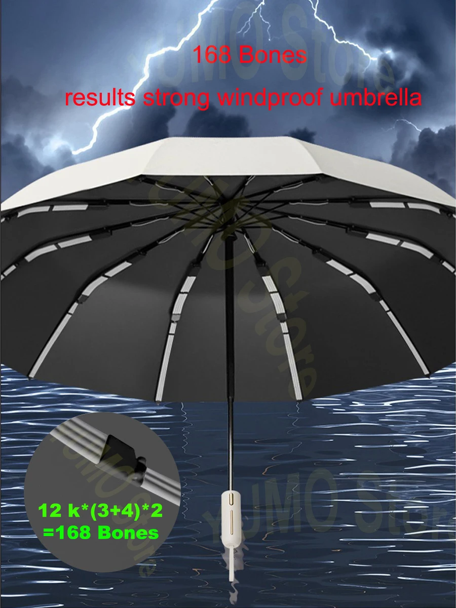 Automatic Super Windproof Umbrella 168 Bone Reinforced Large Size All Weather Men Business Umbrella UV Protection Women Sunshade