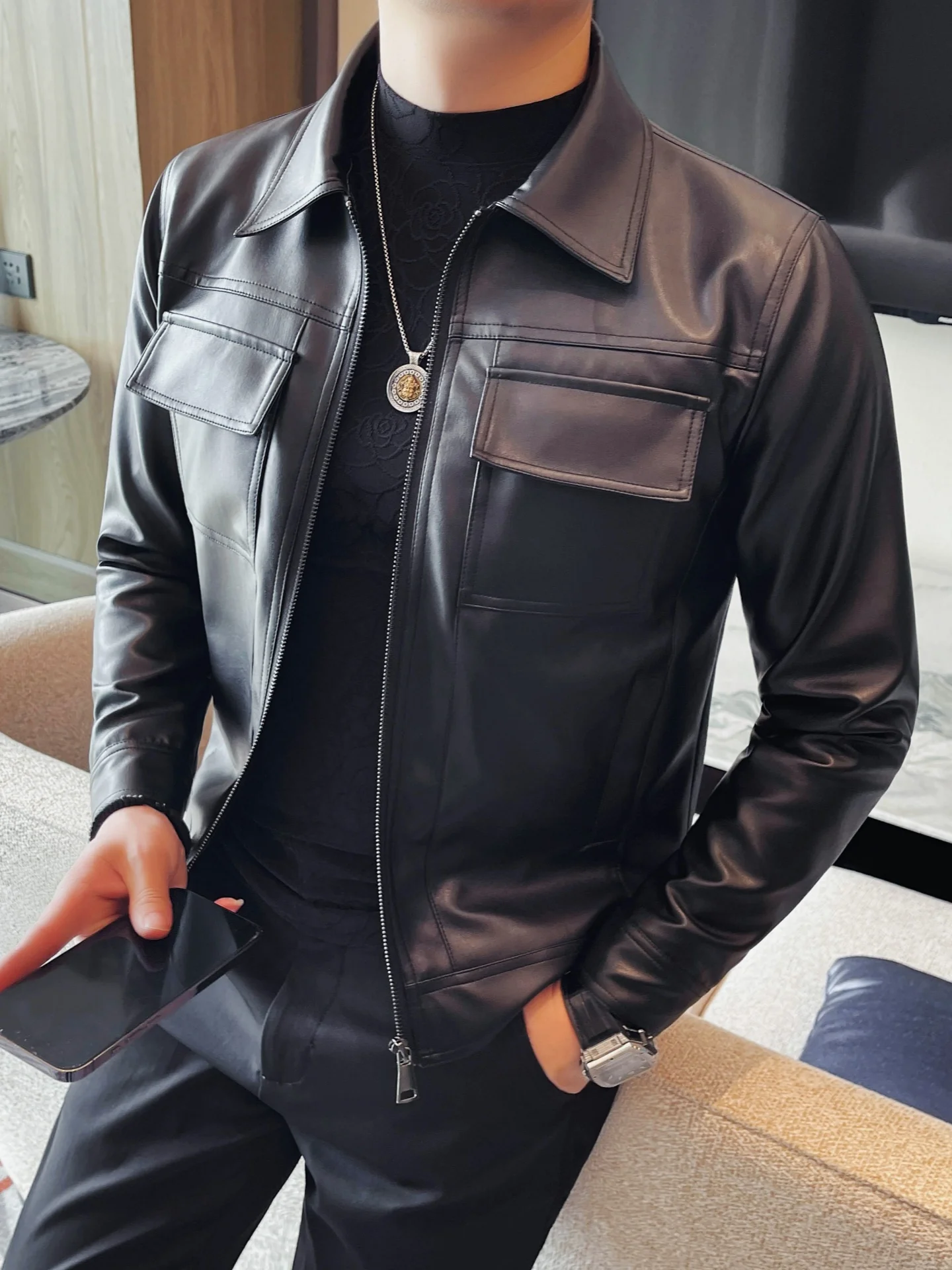 

Faionable Slim Fit PU Leather Jaet Men's Casual ort Sle Autumn New Arrival Leather Coat Sli Ci Youth Wear