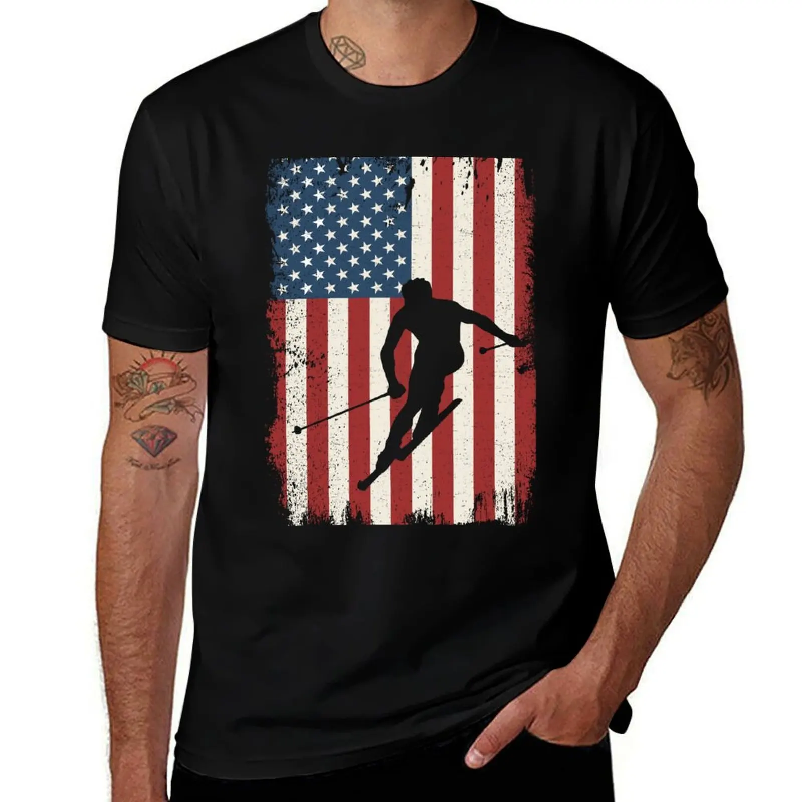 

Skiing USA American Flag Ski Lover Snowboarding Winter Kids T-Shirt man tshirt cotton t shirts man 100% T-Shirt