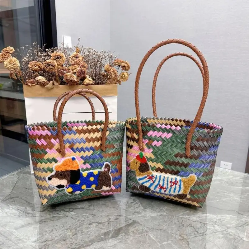 

Fashionable Retro Striped Beach Bag Dachshund Dog Handbag Large Capacity Women's Commuters Bag For Daily Use 547A