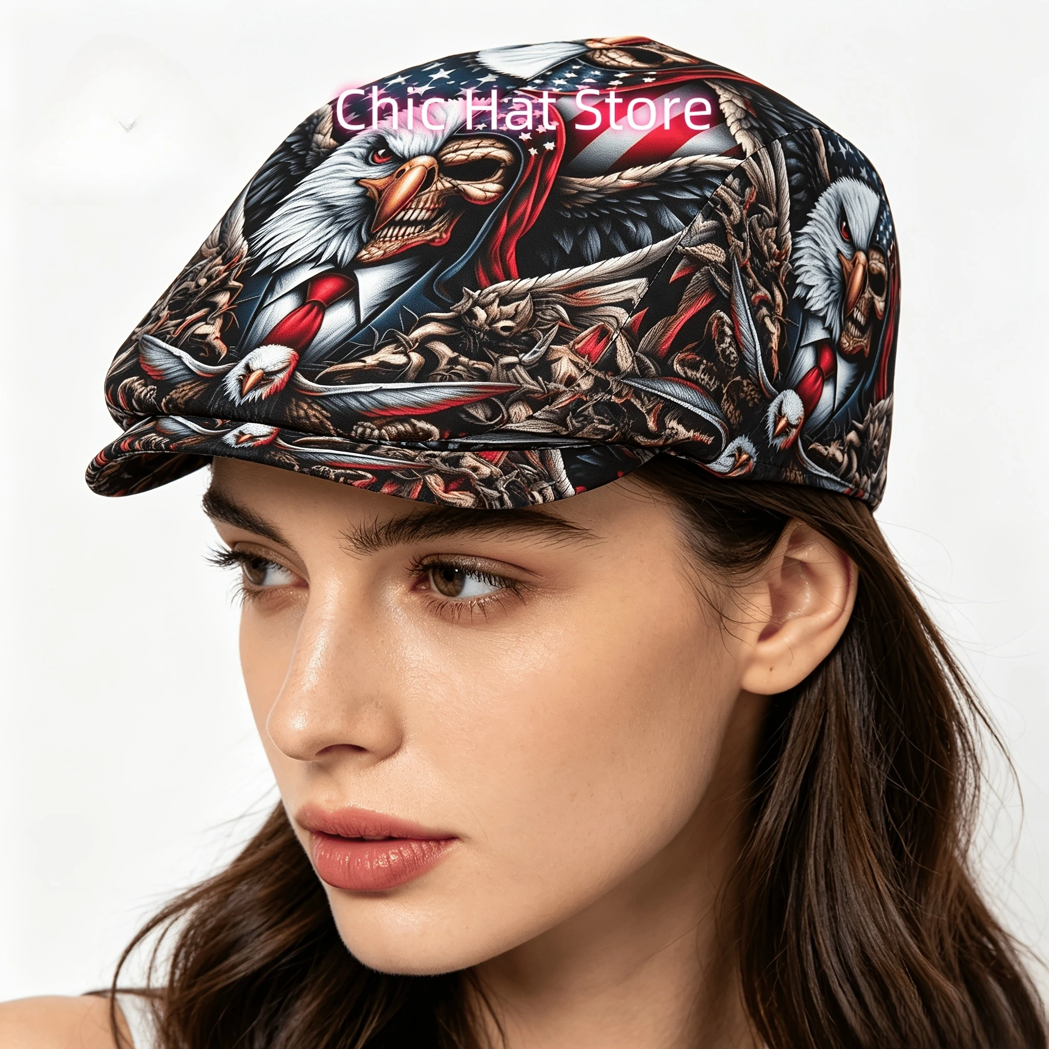 1pc Eagle Skeleton Dual Portrait All-Over Print Flat-Top Hat for Men And Women, Newsboy Cap, Beret, Irish Hat, Driver Cap, Retro