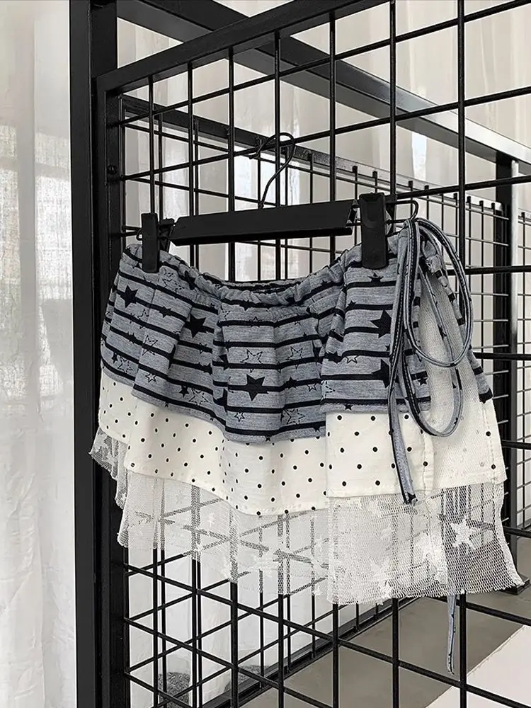 Japanese Kawaii Skirts Cute Star Stripe Lace Cake Short Skirt Y2K Subculture Sweet Girl Aesthetics Spring Summer Short Skirt