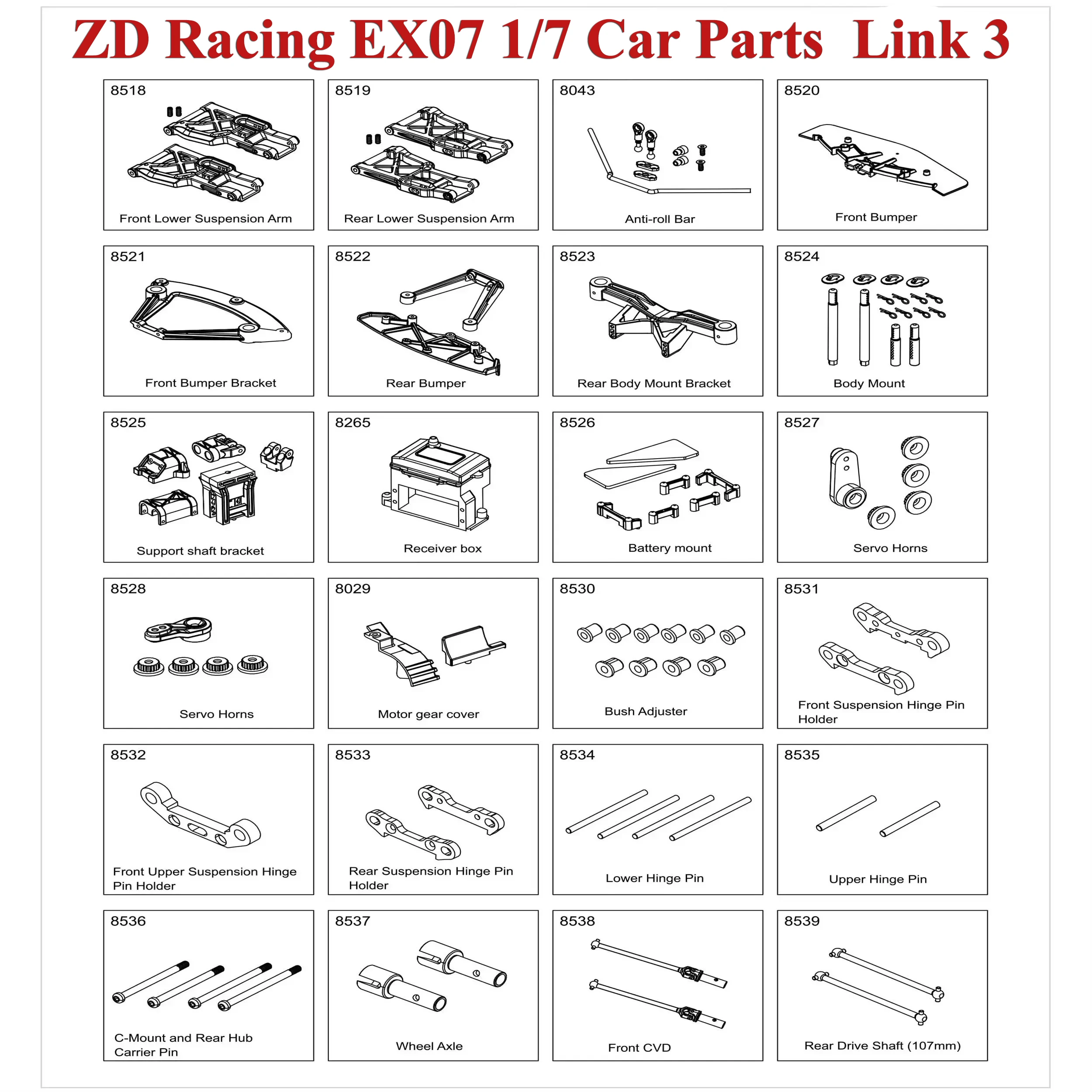 ZD Racing EX07 1/7 RC Car Spare Parts Front Crash Hull Pillar Arm Code CVD Dog Bone Swing Arm Link 3