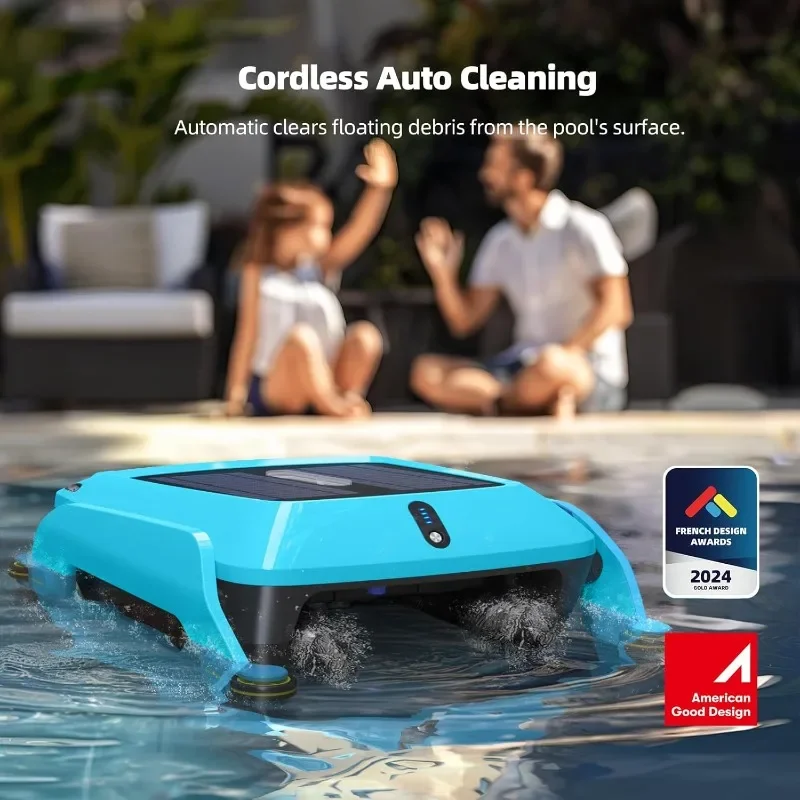 Robotic Solar Pool Skimmer Cleaner:  Cordless Automatic Cleaner Robot for Surface with Dual Charging Options Path