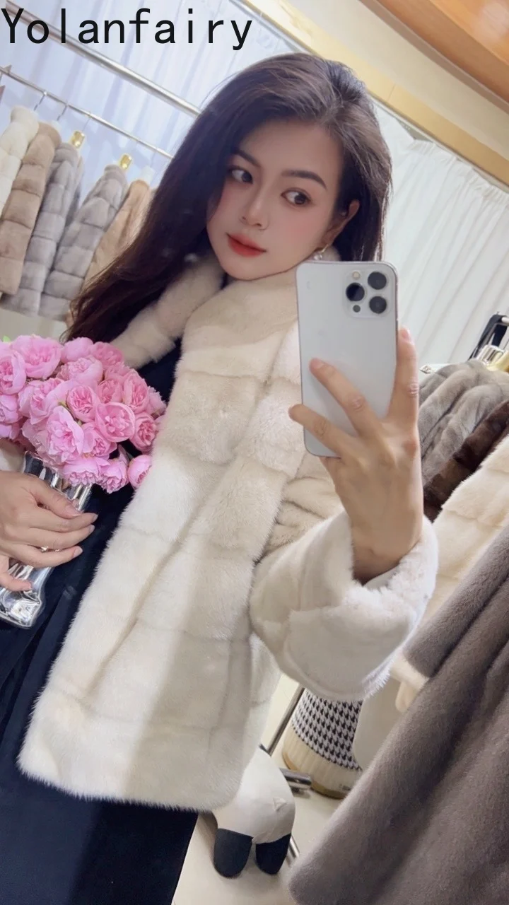 เสื้อแจ็คเก็ตขนมิงค์นำเข้า YOLANFAIRY สำหรับผู้หญิง ฤดูหนาว แบบสั้น สง่างาม คอตั้ง ขนแท้ เสื้อโค้ทขนสัตว์สำหรับผู้หญิง เสื้อคลุมตัวนอก Abrigos Mujer