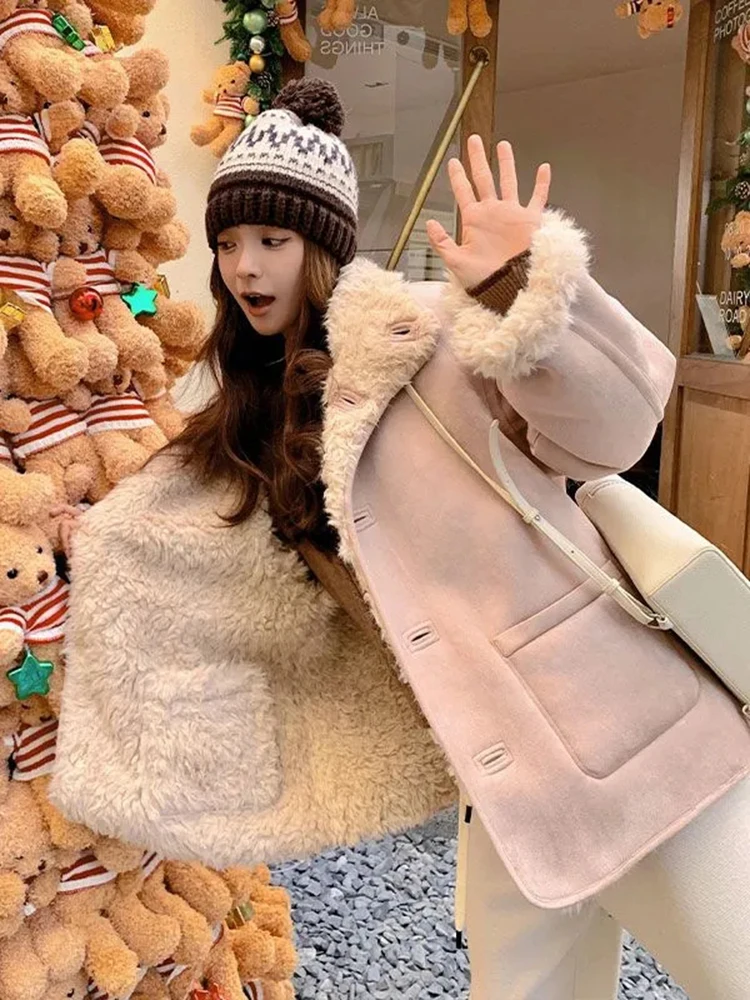 

Faux Lamb Suede Sweet Coat Women Winter Long Sleeve Double Sides Cute Jacket Casual Loose Korean Warm Preppy Style Pocket Tops