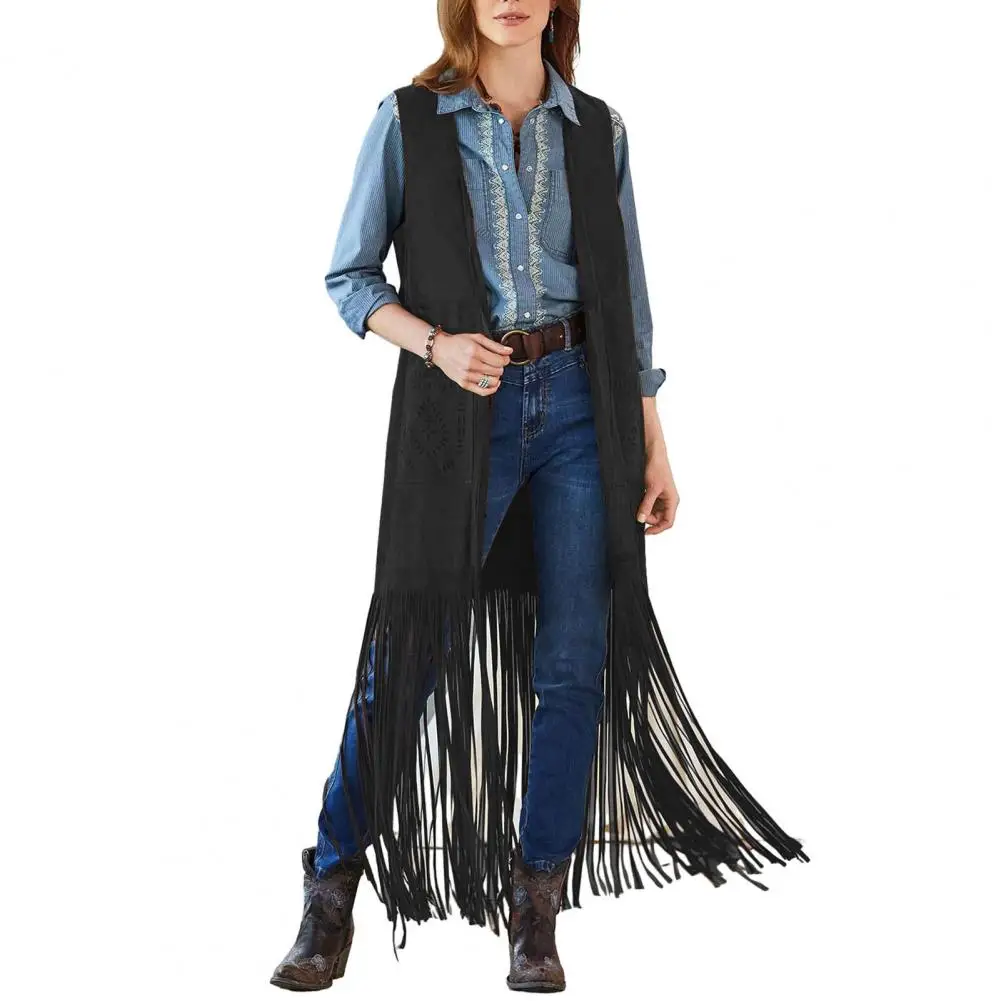 Loose Women Vest Jacket Long Tassel Open-Front Sleeveless Cardigan Patch Pocket Jacket Cowboy Cosplay Waistcoat