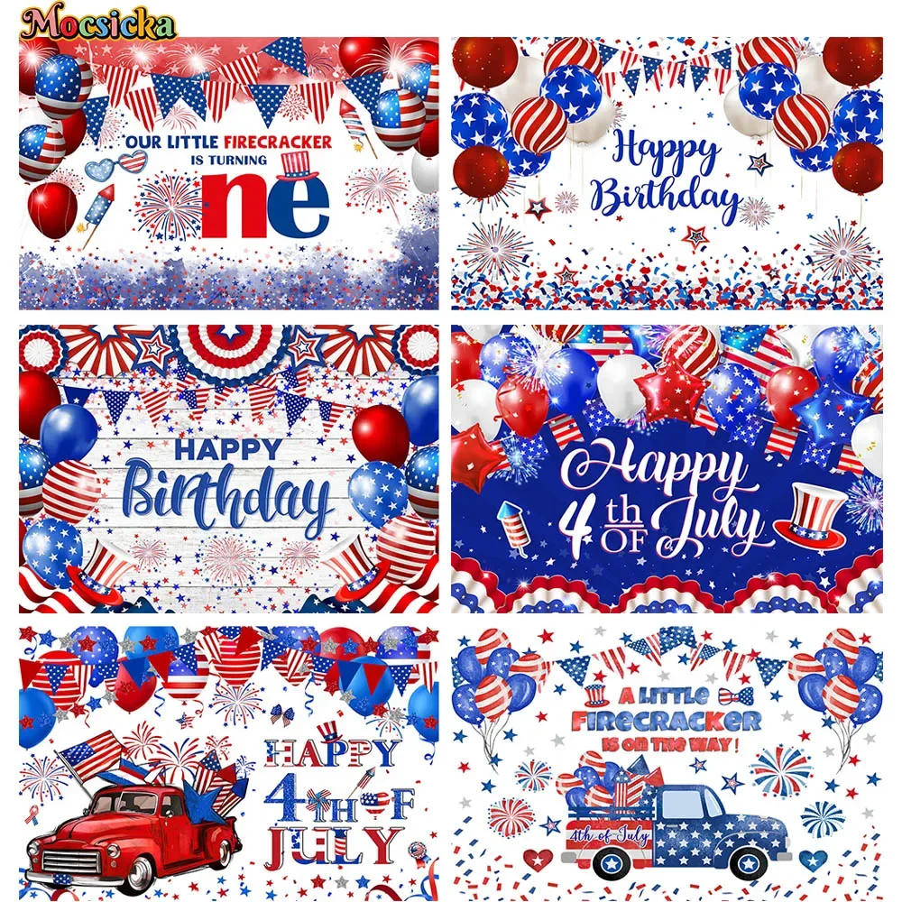 Happy Independence Day Baby One Birthday Party Photography Backdrop Red Blue Flag Balloon Decoration Celebration Background Prop