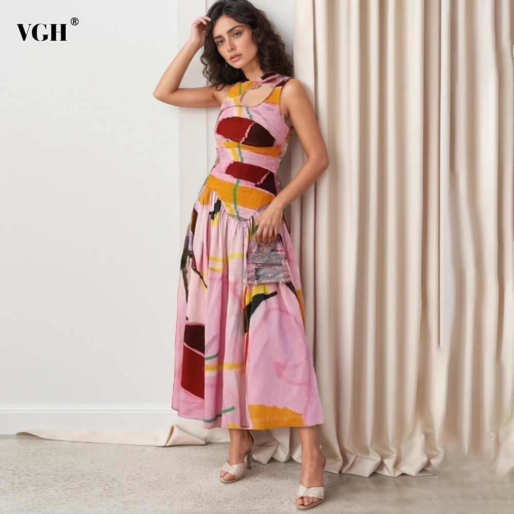 VGH Hollow Out Printing Patchwork Folds Dresses For Women Round Neck Sleeveless High Waist Hit Color Casual Dresss Female New