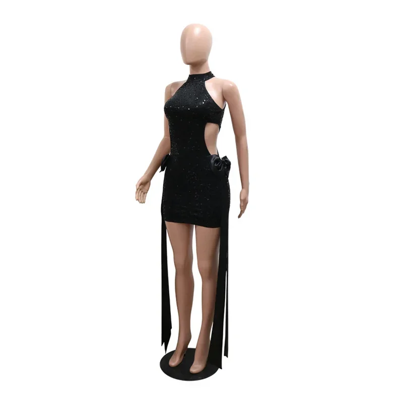 Mode Frauen ärmellose Bodycon glänzende Pailletten Party Geburtstags kleid aus geschnitten große Schleife Band schwarz sexy Nachtclub Mini kleid