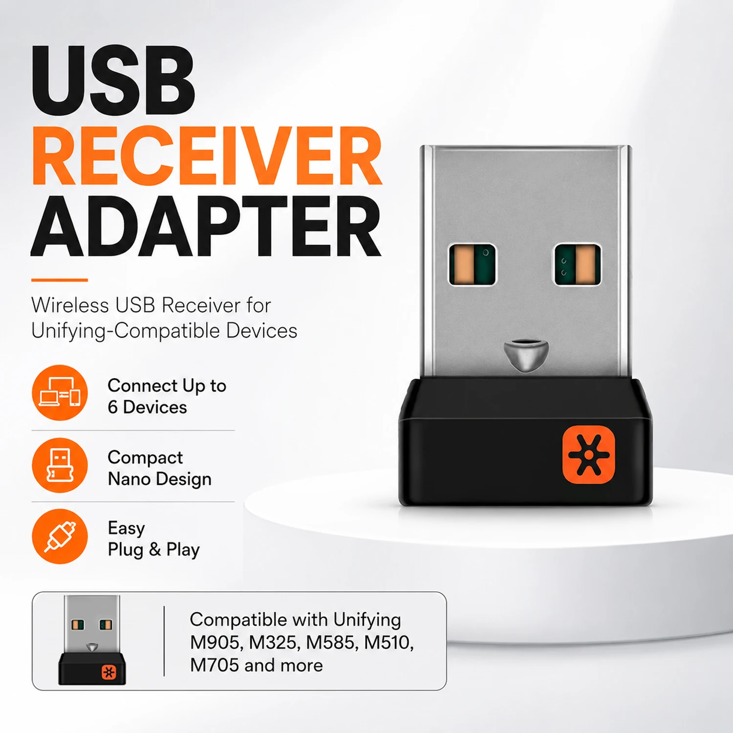 USB Receiver For Unifying - USB Adapter For Mouse Keyboard, Supports 6 Devices, Wireless Dongle For M905 M325 M585 M510 M705