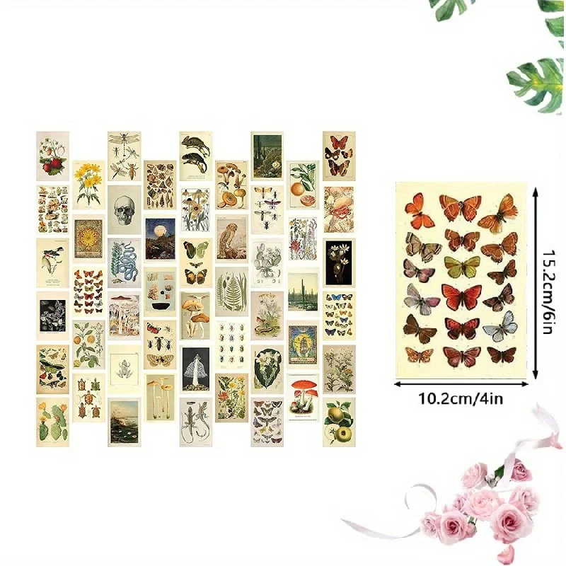 50Zhang/Set of Retro Series Postcards Suit-Plants for School Room Decoration、Butterfly and Mushroom Design、Wall Sticker Kit and