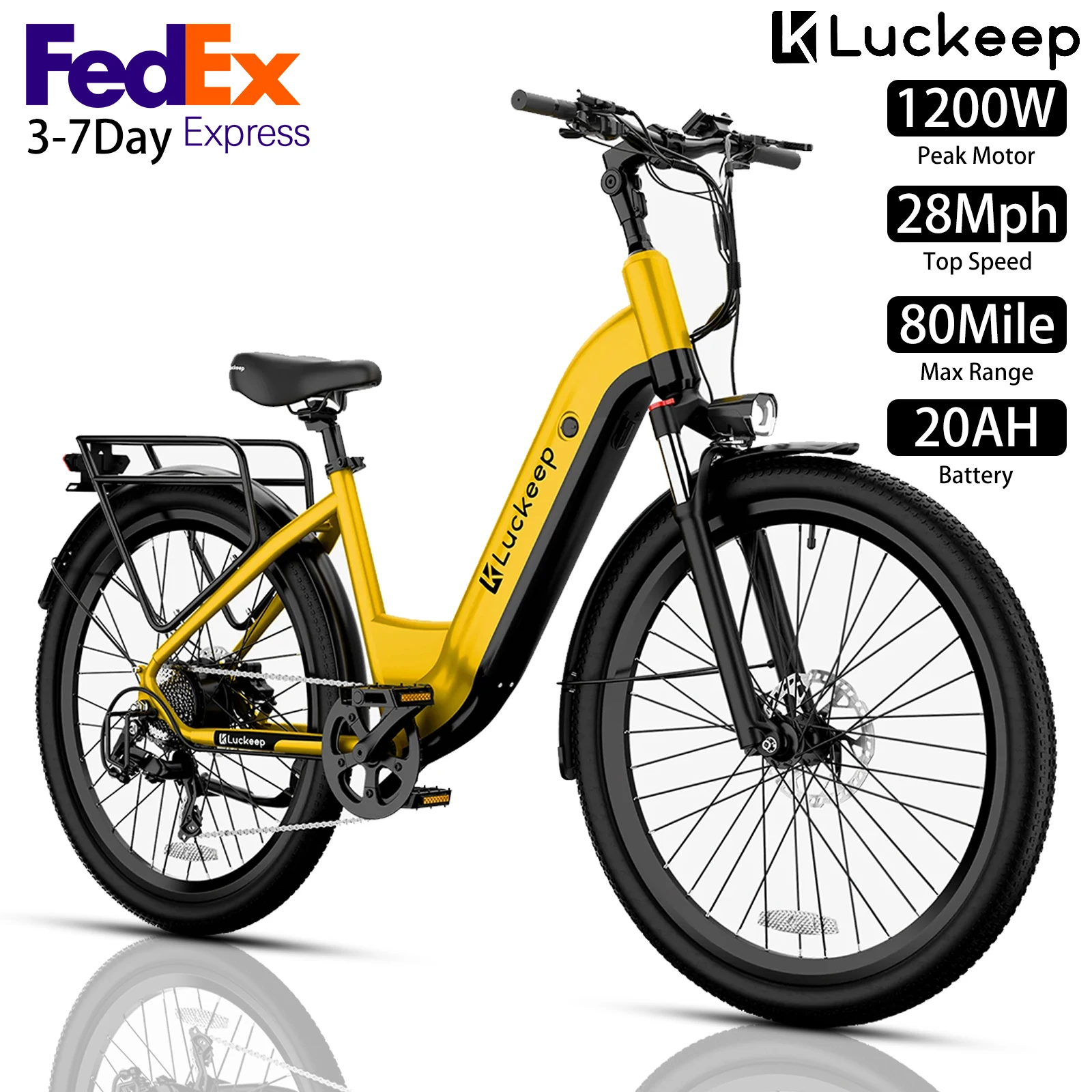 

Электрический велосипед Luckeep для взрослых, 26 дюймов, 1200 Вт, 28 миль в час, 48 В, 15 Ач, городской электрический велосипед, максимальный диапазон 80 миль
