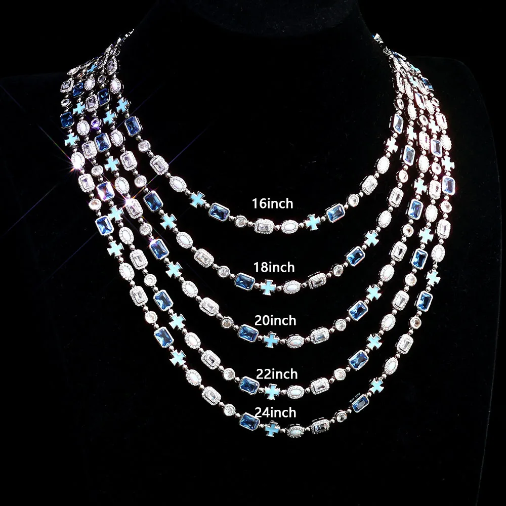 ESKEEM 6mm Geometric Blue Gemstone Necklace Oil Drip Cross Pendant Iced Out CZ Stones Opal Chain Hip Hop Jewelry Men Women Gift