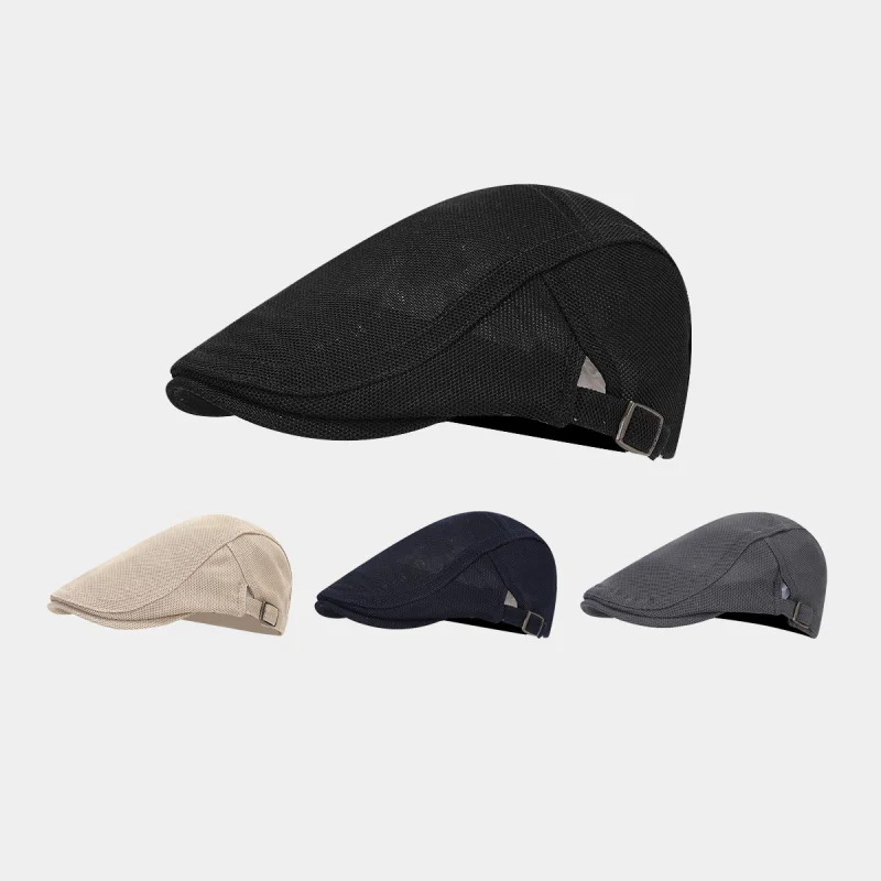 Men's Black Mesh Flat Cap Breathable Casual Adjustable Driving Newsboy Ivy Hat
