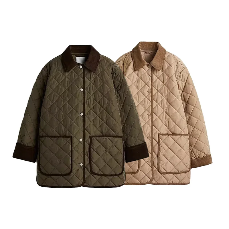 

Women's Loose Fit Collared Jacket Fall Casual Quilted Patchwork Warm Cotton Coat Single-Breasted Buttons Pockets Cotton Outwear