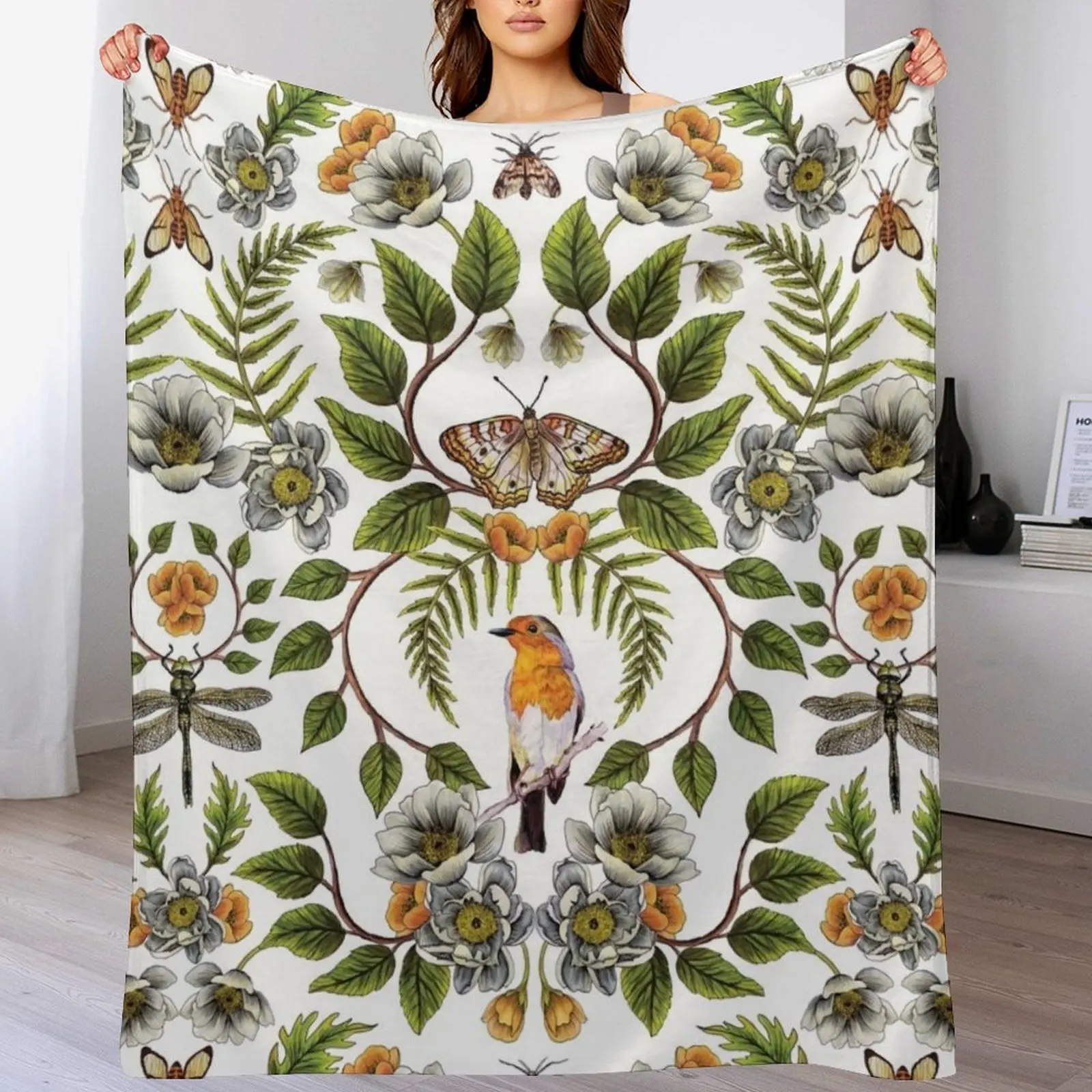 Spring Reflection - Floral/Botanical Pattern w/ Birds, Moths, Dragonflies & Flowers Throw Blanket funny gift Sofa Blankets