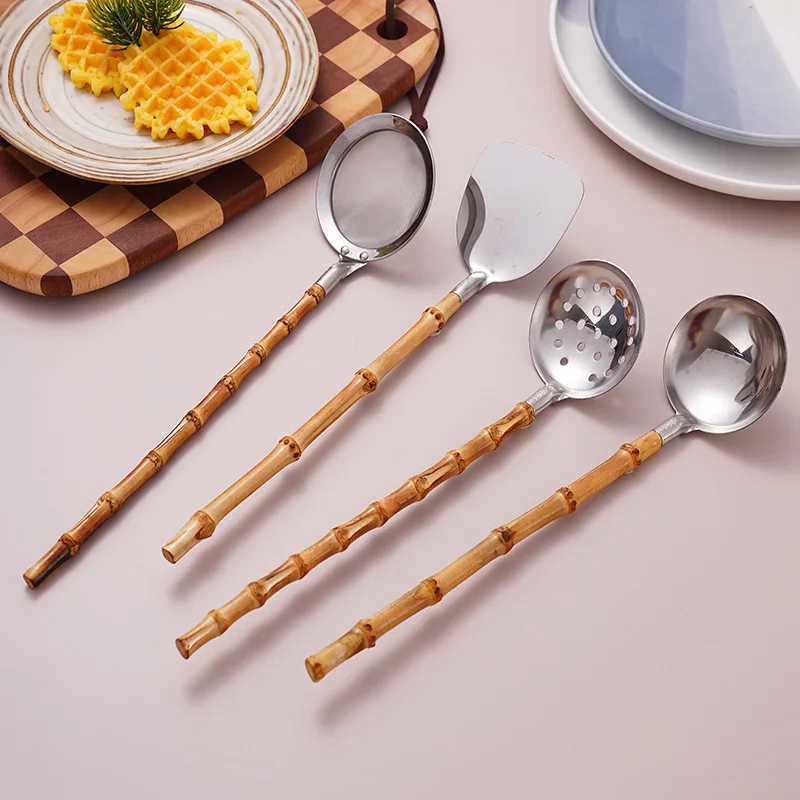 Natural Bamboo Handle Hot Pot Spoon Kitchen 304 Stainless Steel Cooking Scoop New Cooking Shovel Household Extended Congee Spoon