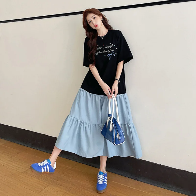 Zomer T-shirtjurk Korea-stijl dames losse grote maten onregelmatige patchwork korte mouw lange jurk gewaad elbise kleding