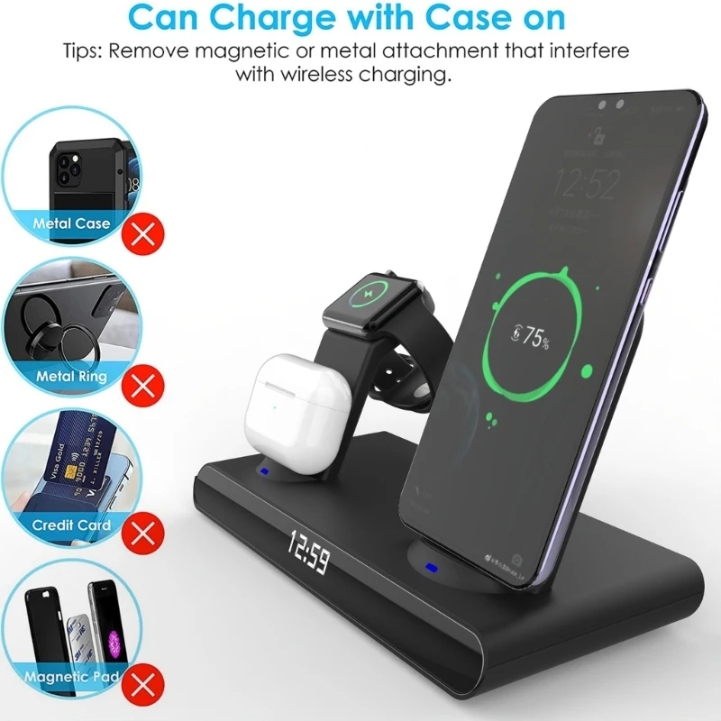 3 In 1 Wireless Charger Stand with Clock Time Display, Magnetic Charging Dock Rack For Phone Watch And Earphone Portable