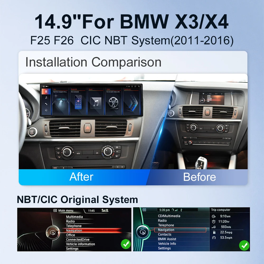 14.9 inch Car Radio For BMW F25 F26 X3 NBT CIC System CarPlay Android 13 Auto Multimedia Player Screen 668S Head Unit ID8 DSP