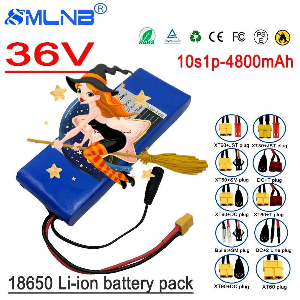 

10S1P 36V 4800mAh Battery Pack 18650 Lithium Li-ion Rechargeable Batteries Electric Car Bicycle Scooter 20A BMS 500W