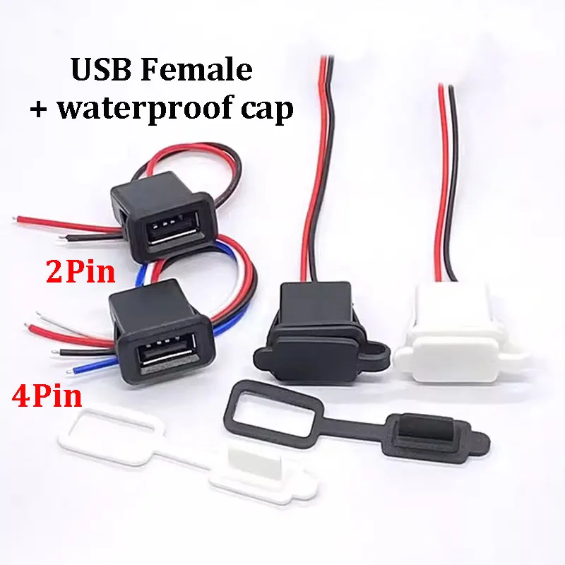 1~10pcs 2/4Pin USB 2.0 Female Power Jack 2P 4P USB Charging Port Connector Data Interface with Waterproof Cap USB Charger Socket