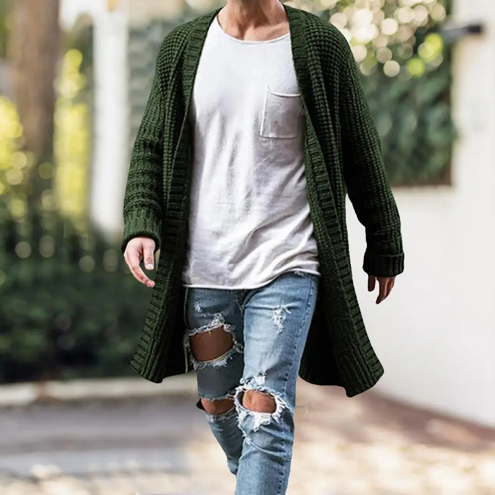 Men Knit Cardigans Sweater Coats Fashion Trench Solid Color Open Front Long Sweaters Coat Male Clothes