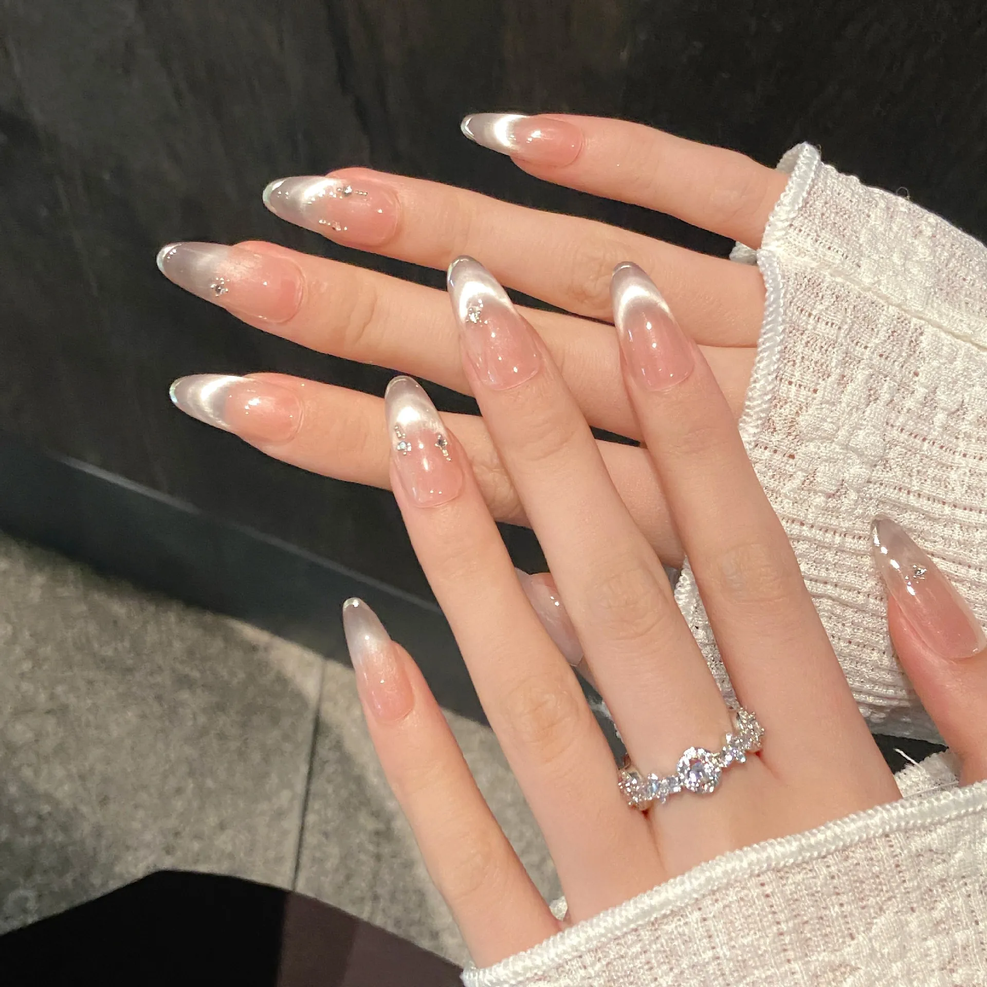 

10PCS Sping&Summer Handmade Press on Nails Pink Cat Eye French False Nail with Diamond Decor Wearable Removable For Sweet girl