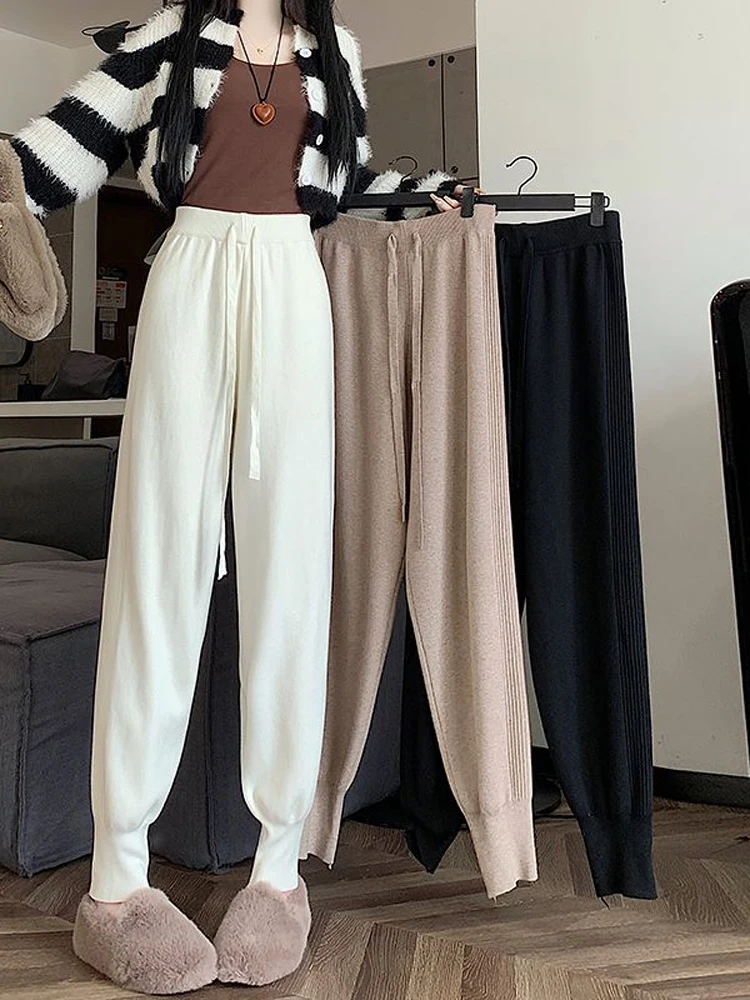 Women Casual Harem Pants Loose Trousers For Women Knitted Pants Autumn Winter Solid Color Sweater Trousers With Pockets