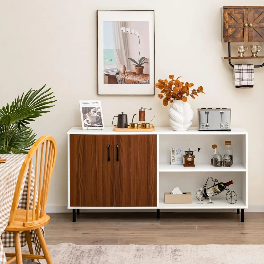 Buffet Sideboard, Modern Storage Cabinet with 2 Doors and Open Shelves, 58” Kitchen Cupboard with Metal Legs, Coffee Bar Cabinet