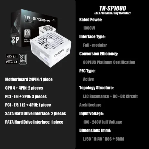 Imagen 2 del producto Thermalright TR-SP1000/850W80PLUS Platinum Efficiency Fuente de alimentación Modular completa 14 CM Fuente de alimentación ATX 3.1 PCI-e 5.1 de forma pequeña