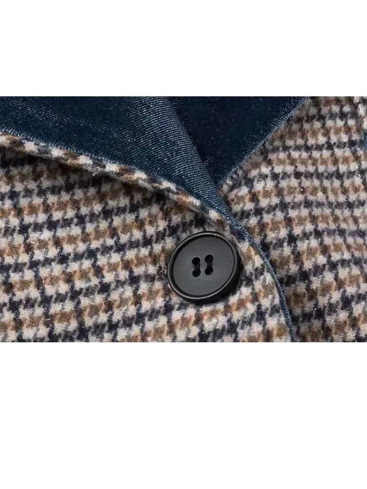 Trafza Damen neue Mode Turn Down Kragen Langarm Single Button Plaid Woll jacke weibliche schicke elegante Taschen mantel Mujer