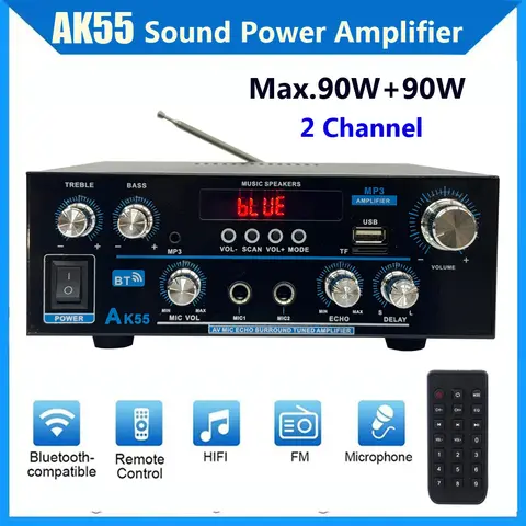 AK55 Amplifier Bluetooth-compatible Music Amplifiers for Home Car Karaoke 2 Channel HiFi Stereo AMP FM USB Remote Control Audio