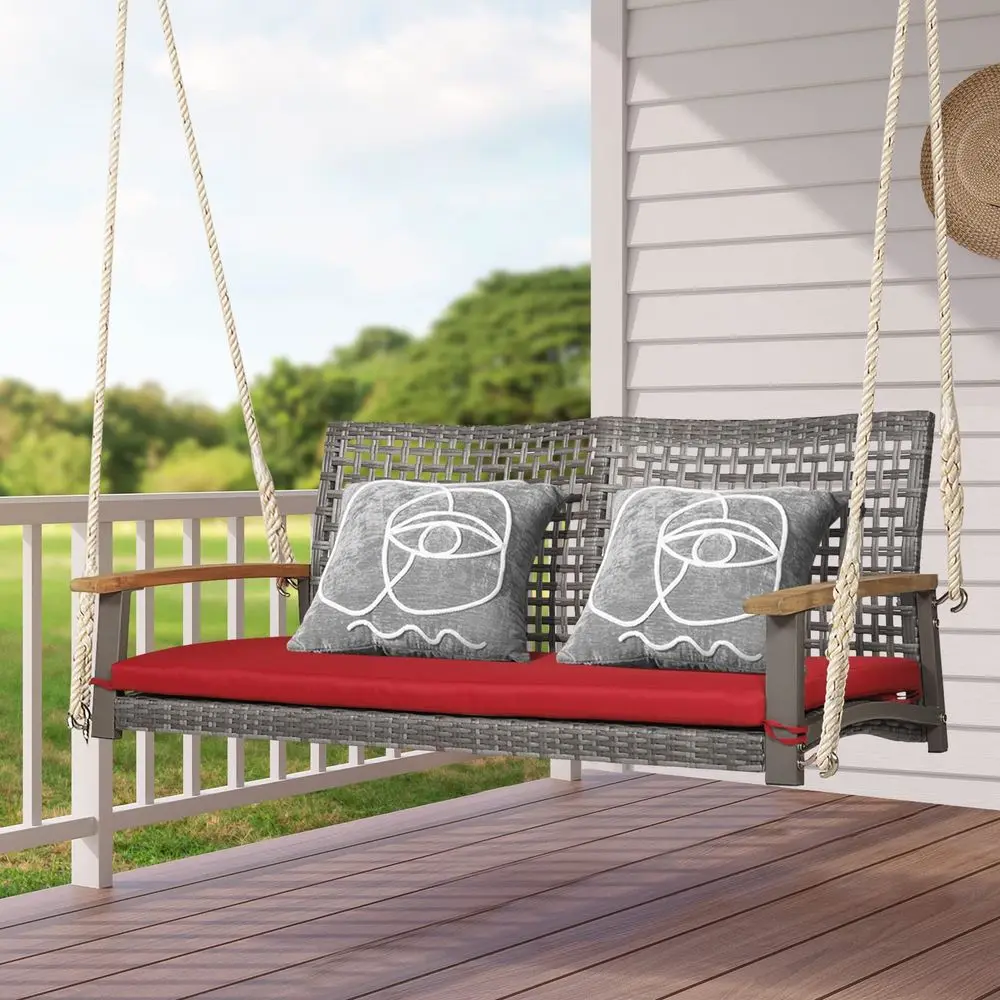 

Hanging Porch Swing, 2 Person Outdoor Wicker Rattan Swing Chair Bench with Cushion, Ropes for Patio, Garden, Backyard, Mix GreyR