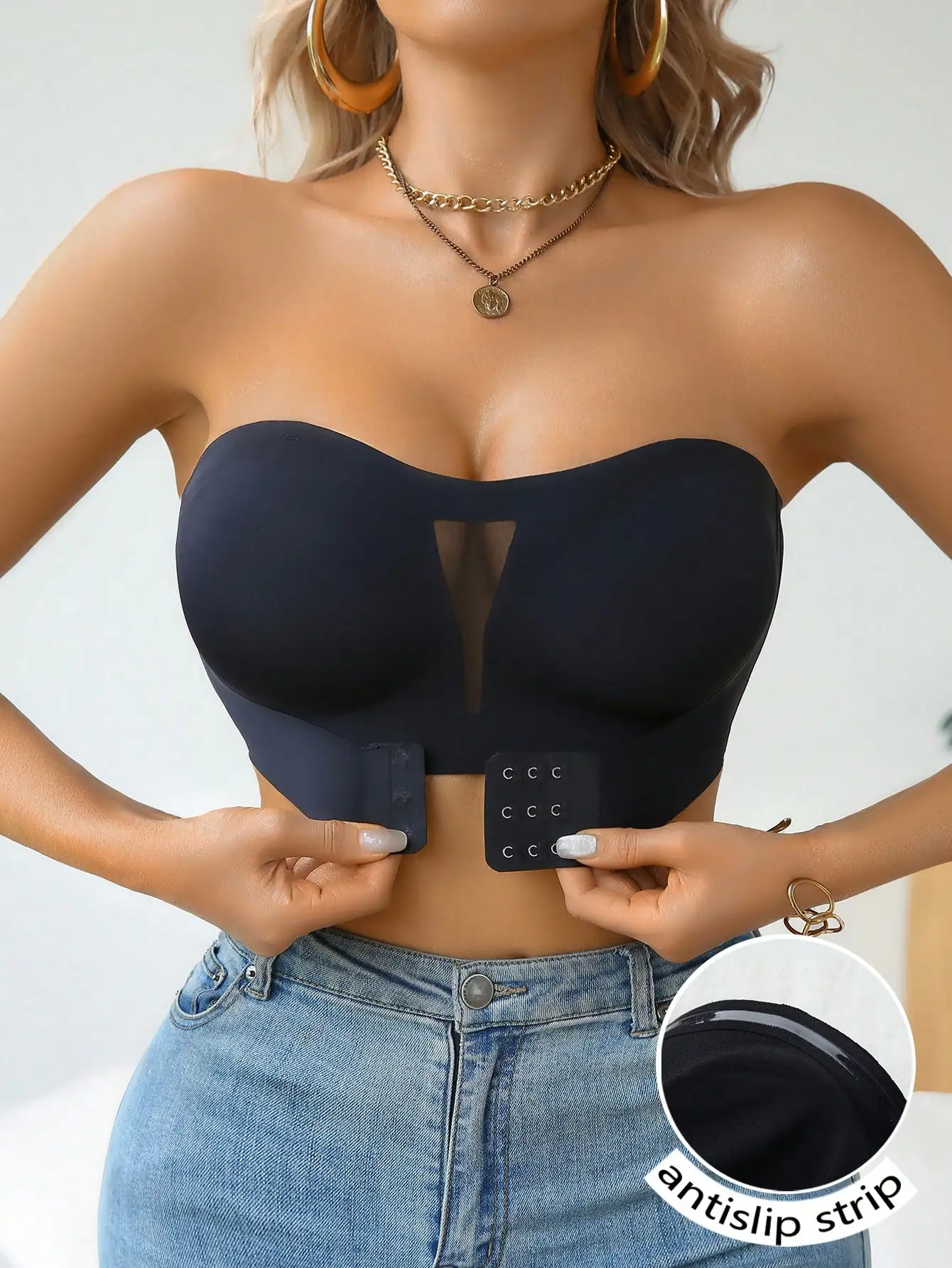 

Black Strapless Bra with Front Buckle Closure and Sheer Panel