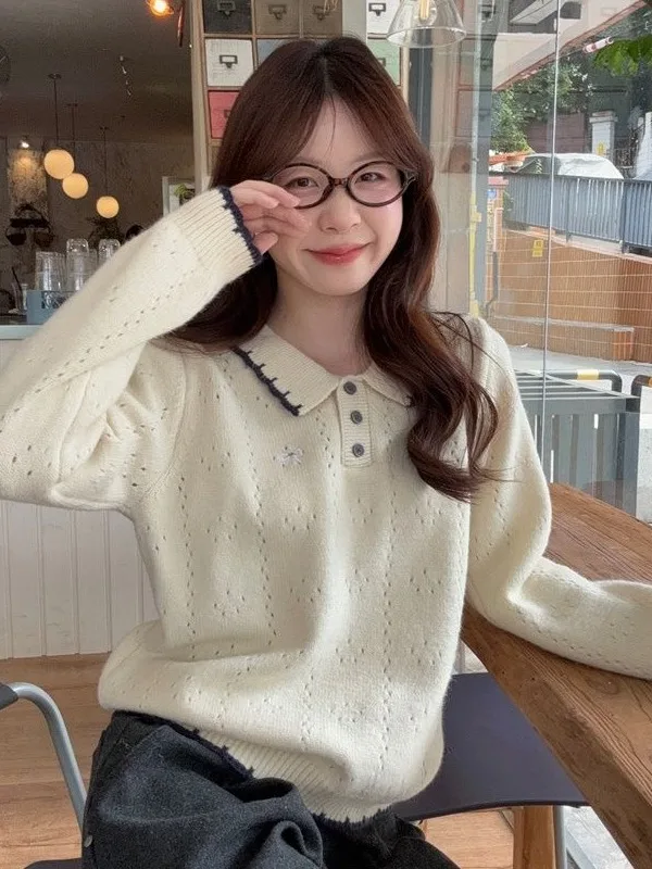 

Корейский свободный вязаный свитер с милым узлом и вышивкой, женский осенний дизайн, ажурный верхний топ