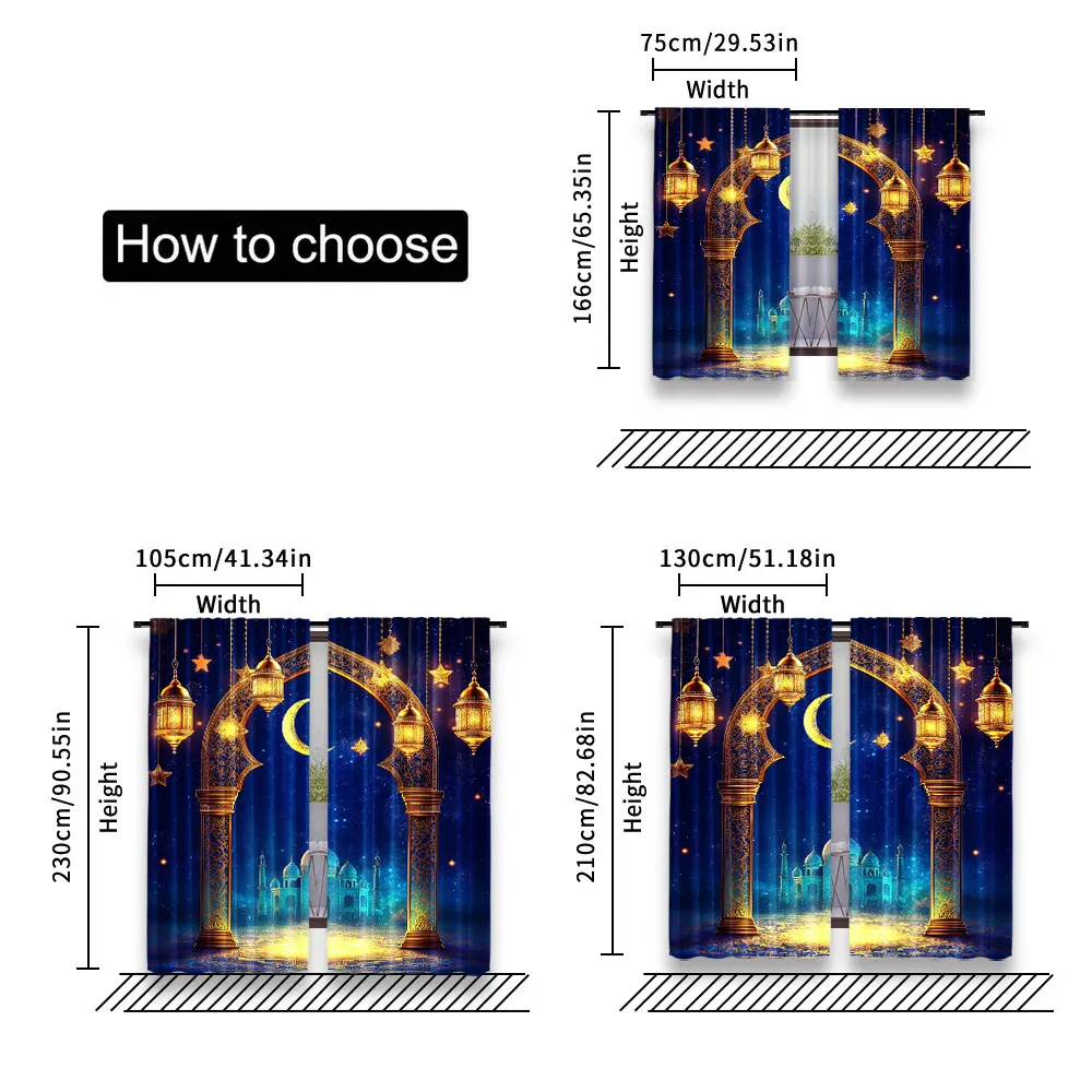 2Pcs Curtain Islamic Traditional Lanterns Backdrop Golden Dome Profile Moon Stars Decor For Living Room Bedroom
