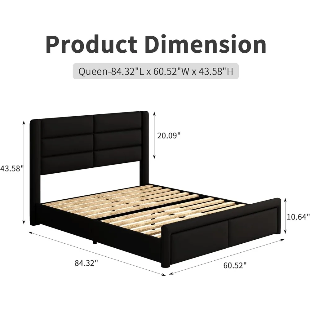 سرير حديث منجد من الجلد الصناعي مع لوح رأسي وأضواء LED ودعم شرائح خشبية للاستخدام الثقيل