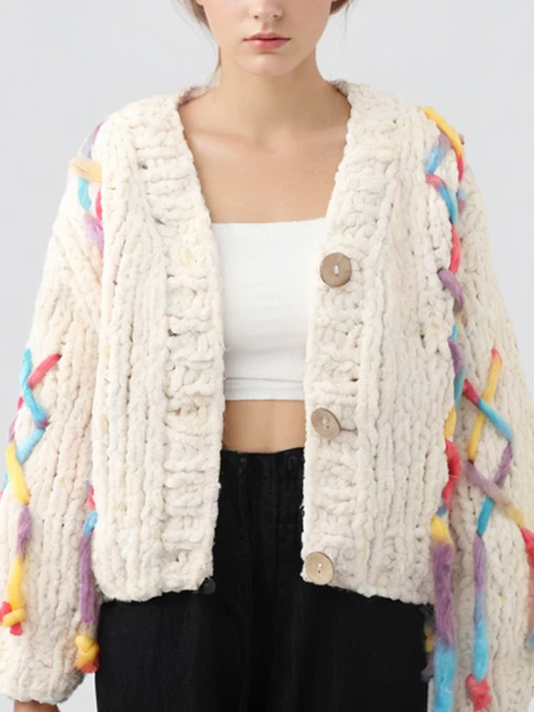 Yarn Decorated Sweater Cardigan Hand-knit Thick Stick Needle Loose V-neck Colorful Knit Jacket Autumn/Winter Women Knitwear