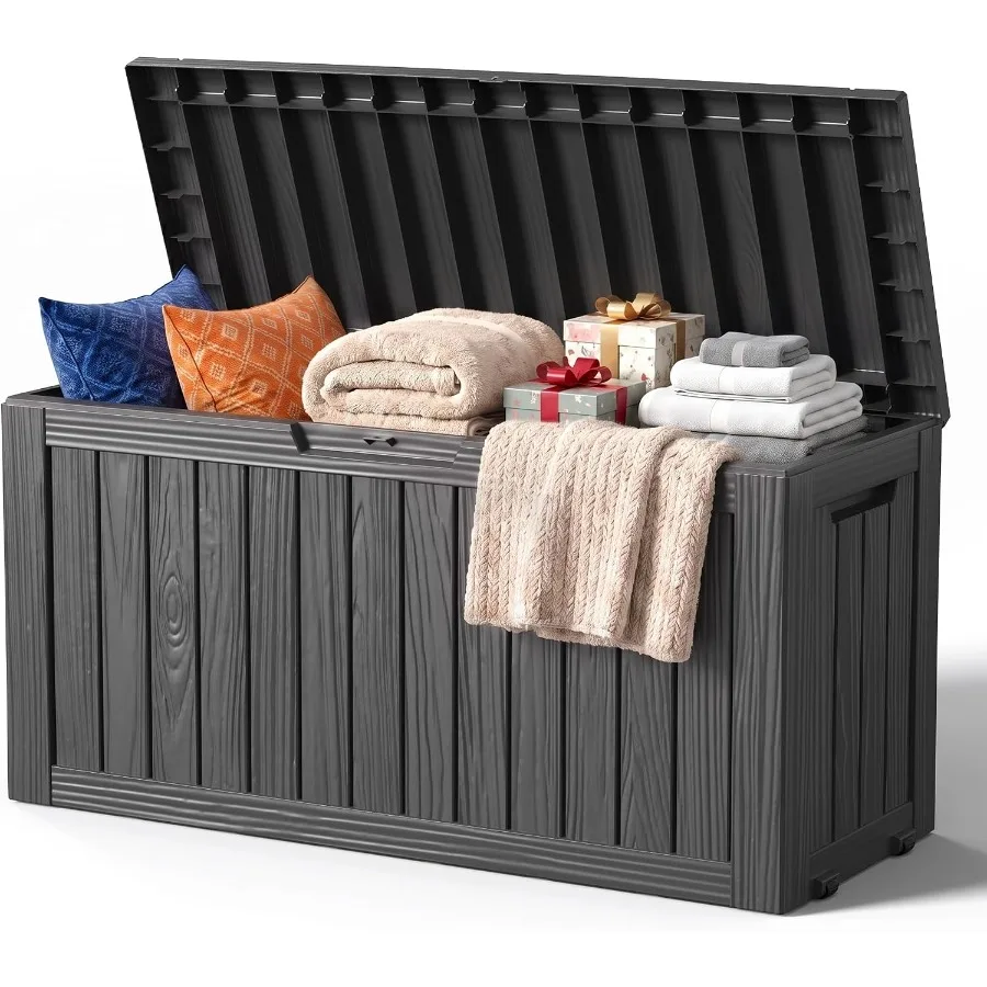 Outdoor storage box for patio use, polyresin material, gray color, waterproof and portable with wheels