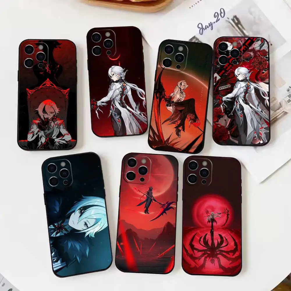 

G-Genshin Impact Arlecchino Phone Case For iPhone17,16,15,14,13,12,11 Plus,Pro Max Soft Black Cover