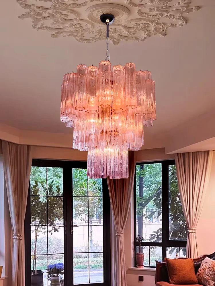 Lampadari in vetro con texture rosa/trasparente Apparecchio di illuminazione a LED Lampada a sospensione europea per soffitto Soggiorno Decor Lustre