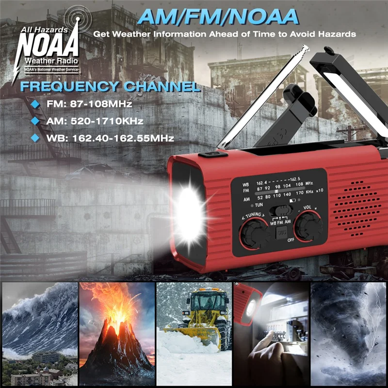 

【Top Picks】Emergency Weather Radio, 2000Mah Weather Alert Radio Solar Charging, Hand Crank & USB Charged, AM/FM Radio