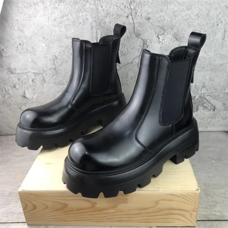 

New Fashion Men Chelsea Boots Thick Sole Casual Ankle Leather Boots Outdoor Work Shoes Youth Motocycle Boots Botines Hombre